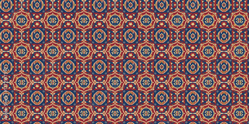 Seamless pattern reflecting Andorran cultural influences, blending Pyrenean mountain folk motifs, Romanesque art patterns, and stylized floral embroidery in warm reds, blues, and golds.