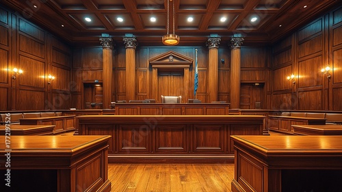 Grand interior view of a courtroom, featuring wood paneling, pillars, and a judge's bench