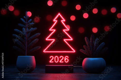 Neon christmas tree outline with 2026 sign and festive red bokeh lights