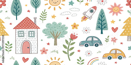 Whimsical hand-drawn doodle seamless pattern with house, rainbow, rocket, flowers, clouds, sun, trees, stars, and car. Cute colorful kids sketch background for fabric, wallpaper, or stationery.