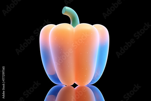 Vibrant multicolored bell pepper with reflective surface on black background