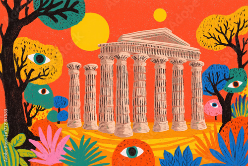 Vibrant abstract temple with colorful trees and surreal eyes