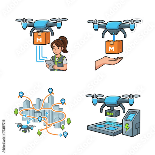 Drone delivery service icon set, representing logistics, technology, and modern shipping solutions