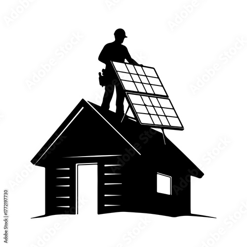 Solar panel installation on house with transparent background