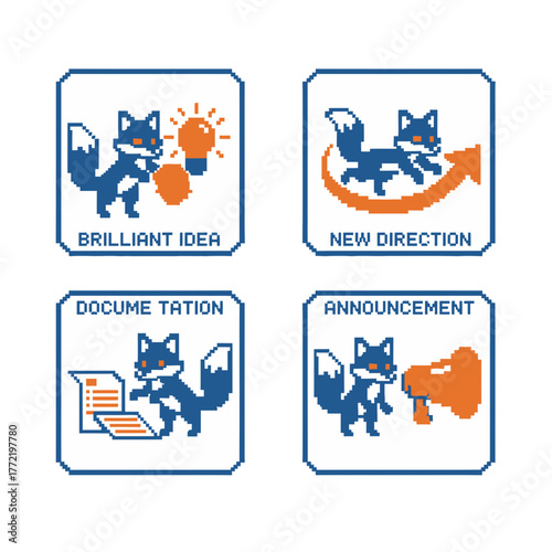 Pixel Art Fox Icon Set Representing Brilliant Ideas, New Directions, Documentation, and Announcements