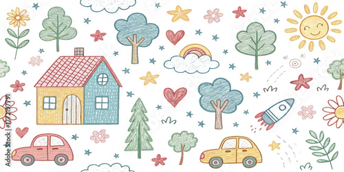 Whimsical hand-drawn doodle seamless pattern with house, rainbow, rocket, flowers, clouds, sun, trees, stars, and car. Cute colorful kids sketch background for fabric, wallpaper, or stationery.