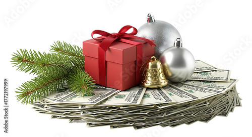 A red gift box with a red ribbon, two silver christmas ornaments, a golden bell, and a pine branch rest on a fan of us dollar bills, isolated on transparent background