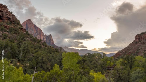 Late Day Timelapse of Dramatic sunset over Zion National Park's iconic peaks.