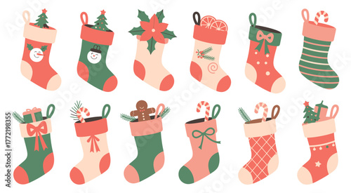 Christmas Socks. Wool Holiday Stockings Filled with Gifts, Sweets, and Greenery. Festive New Year Home Decorations for Fireplace and Seasonal Cartoon Design