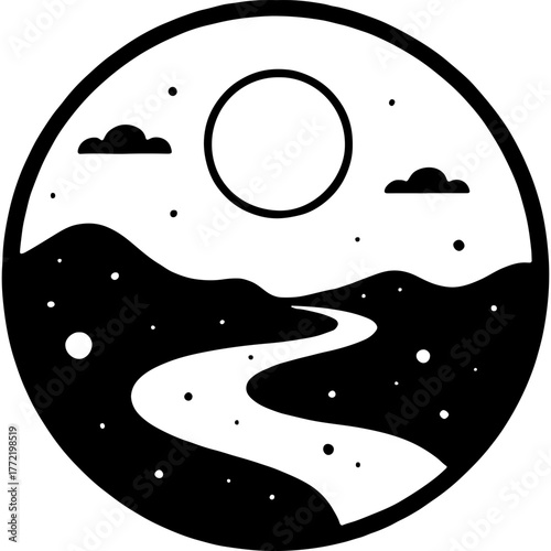 Round emblem of untouched nature. Engraving minimalistic vector in black ink drawing on transparent background