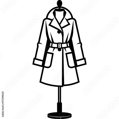 Warm autumn coat with a wide collar on a hanger. Engraving minimalistic vector in black ink drawing on transparent background