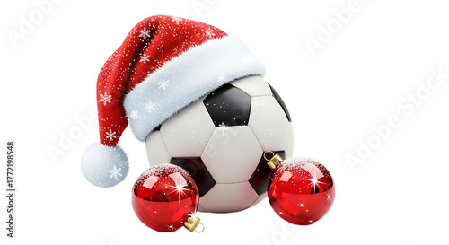 A soccer ball wearing a santa hat and surrounded by christmas ornaments, isolated on a transparent background