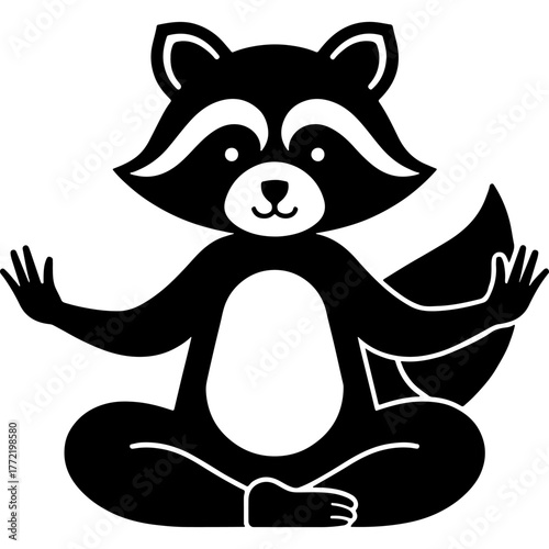 Raccoon sits in a meditative pose with its arms outstretched. Engraving minimalistic vector in black ink drawing on transparent background