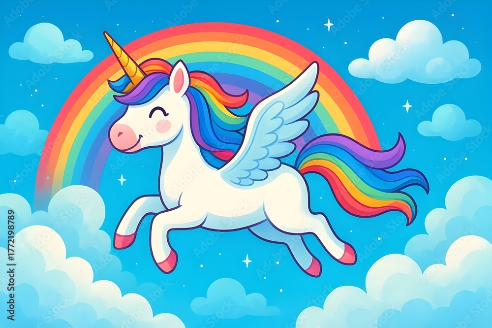 Fototapeta premium Flying Unicorn with Rainbow and Clouds