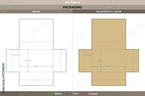 Envelope box with dust flap dieline structured using vector method supporting fine printing definition and stable packaging closure detailed die line folds strengthen dust flap design