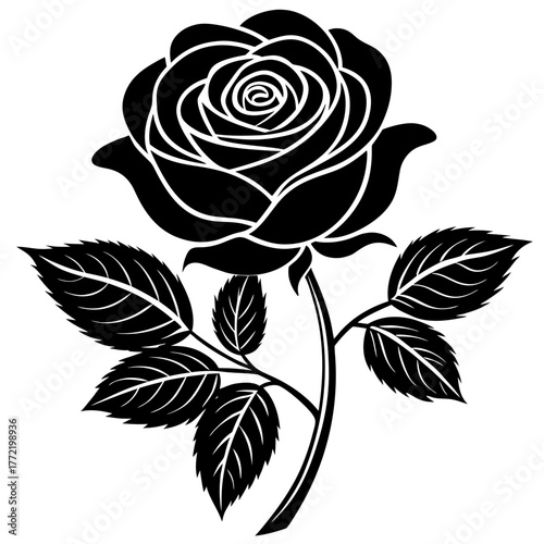 Elegant black silhouette of a rose with detailed leaves isolated on white background