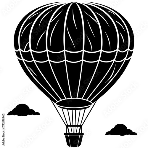 Black silhouette of a hot air balloon with clouds isolated on white background