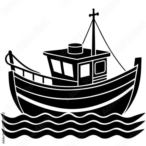 Black silhouette of a fishing trawler boat on wavy water isolated on white background