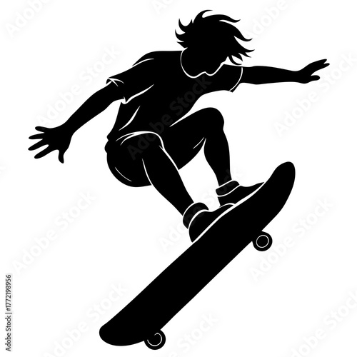 Dynamic silhouette of a skateboarder performing a trick isolated on white background
