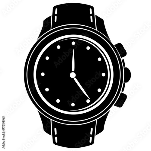Black silhouette of a classic wristwatch with a leather strap isolated on white background