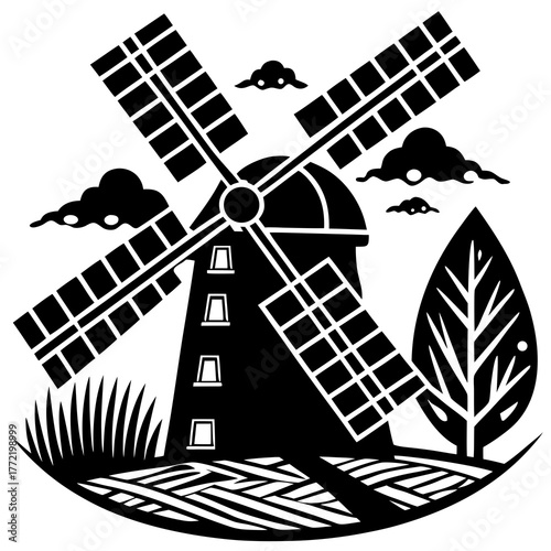 Stylized black windmill with sails clouds tree and grass isolated on white background