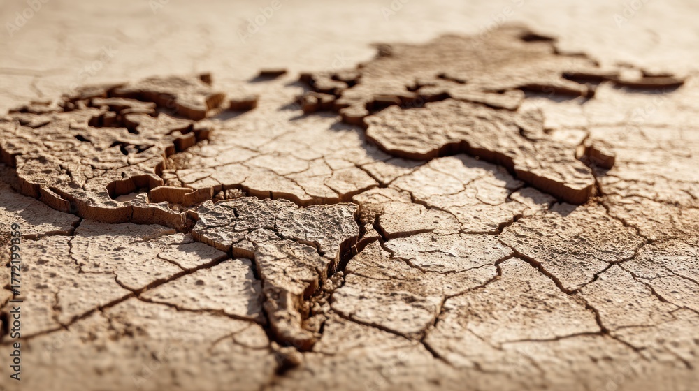 Obraz premium A cracked earth surface featuring a map outline symbolizes environmental issues and the effects of drought on the planet.