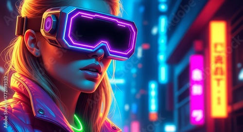 A woman wearing vr headset with neon lights in a futuristic city environment and jacket on her body