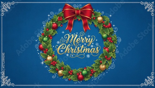  Festive Christmas Wreath: A vibrant, festive Christmas wreath, adorned with a red bow and a Merry Christmas greeting. Surrounded by ornaments. Festive and bright, symbolizing joy and togetherness.