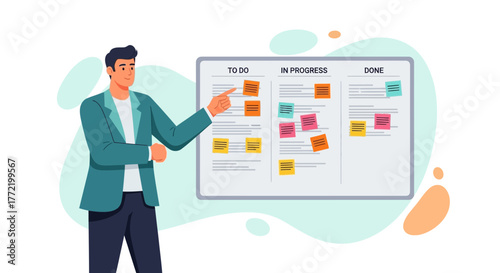 Man Explaining Tasks on Agile Project Management Board Displaying Work Process In Progress
