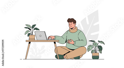 Man Meditating While Working on Laptop, in Calm Environment, Surrounded by Plants