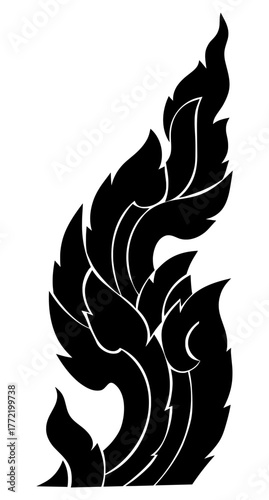 A bold, black vector illustration of a traditional Thai floral motif, or Kranok, featuring flowing, stylized leaves and flame-like shapes.