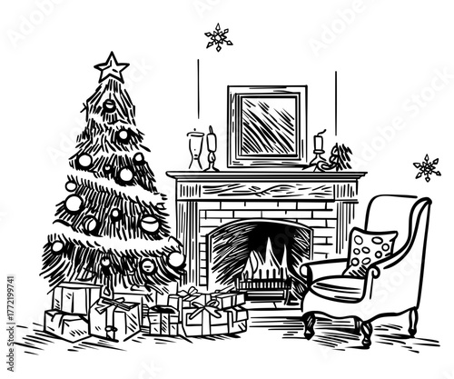 Cozy Christmas living room with decorated tree, fireplace and gifts line art. Holiday interior scene with armchair and ornaments. Perfect for christmas, holiday, cozy, festive, home, vintage design.