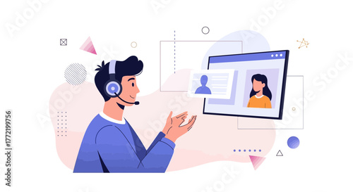 Online Customer Support Representative Communicating With Client Through Video Call Interface