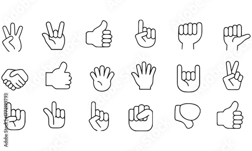 Hand Gesture Icon Set – Minimal Line Art Collection of Hand Signs and Symbols .