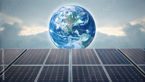 Solar panels foreground with an image of Earth above, symbolizing renewable energy and environmental sustainability.