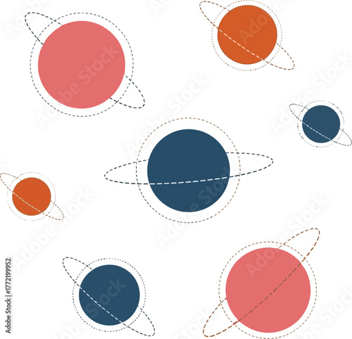 Minimalist abstract planet collection featuring clean orbit lines in two-tone color scheme on white background for modern space design