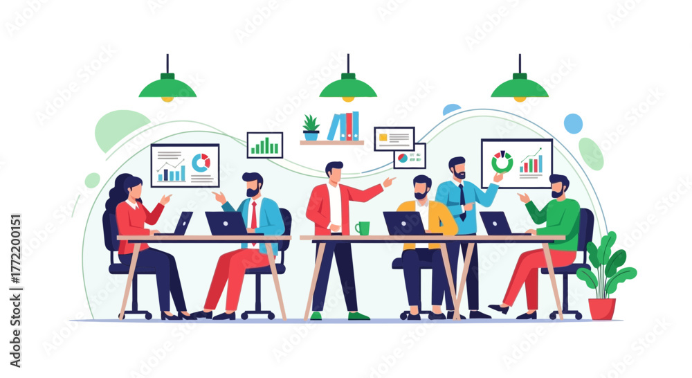Naklejka premium Business Team Collaboration: Group Meeting, Analytics, Data Presentation, and Strategic Planning