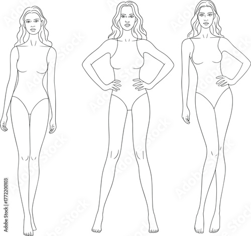 Flat vector cad drawing, female fashion figure, swimsuit body outline, model pose sketch, anatomy reference, clothing design template, minimalist illustration guide