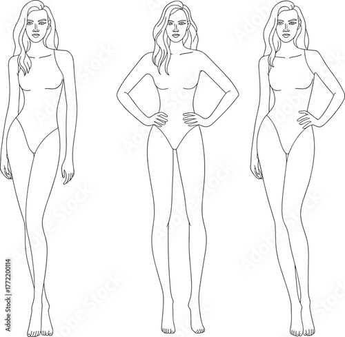 CAD drawing flat vector, female swimsuit figure, fashion body outline, model pose sketch, anatomy reference, clothing design template, minimalist illustration guide