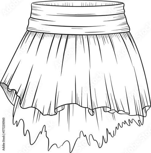 CAD drawing flat vector, fashion skirt illustration, pleated layered design, garment technical sketch, apparel outline, clothing template, textile pattern, style guide