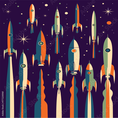 Retro-inspired space rocket collection featuring minimal geometric details in bold two-color flat vector style for futuristic graphic design