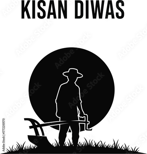 Silhouette illustration of a farmer with a plow kisan diwas, national farmers day concept