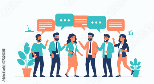 Business Team Communicating In A Meeting, Discussion And Speech Bubble Concept Design