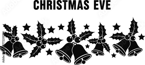 Christmas eve with bells, holly, berries and stars festive holiday vector illustration