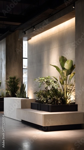 Modern Interior Design with Indoor Plants and Elegant Lighting