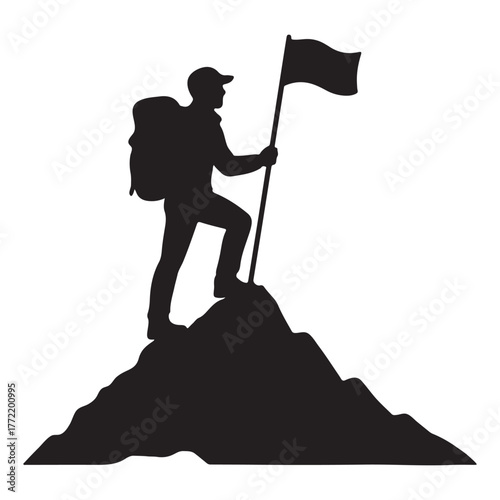 Silhouette of a hiker standing triumphantly on a mountain peak vector illustration
