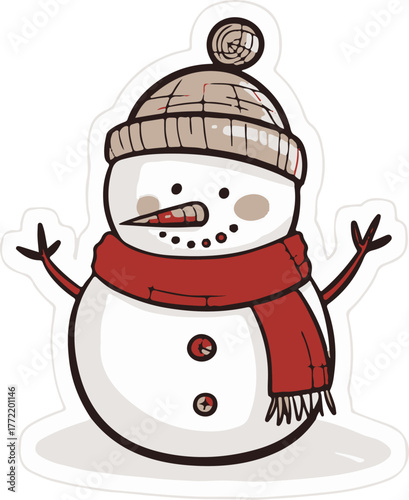 Happy cute snowman in black hat, red scarf and gloves isolated on white background. Vector illustration of snowman