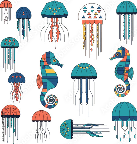 Unique underwater creatures like jellyfish and seahorse in geometric flat style — modern marine vector design, abstract ocean life illustration