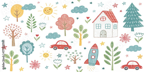 Whimsical hand-drawn doodle seamless pattern with house, rainbow, rocket, flowers, clouds, sun, trees, stars, and car. Cute colorful kids sketch background for fabric, wallpaper, or stationery.