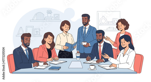 Business Teamwork During Meeting In Trendy Animated Illustration Style
